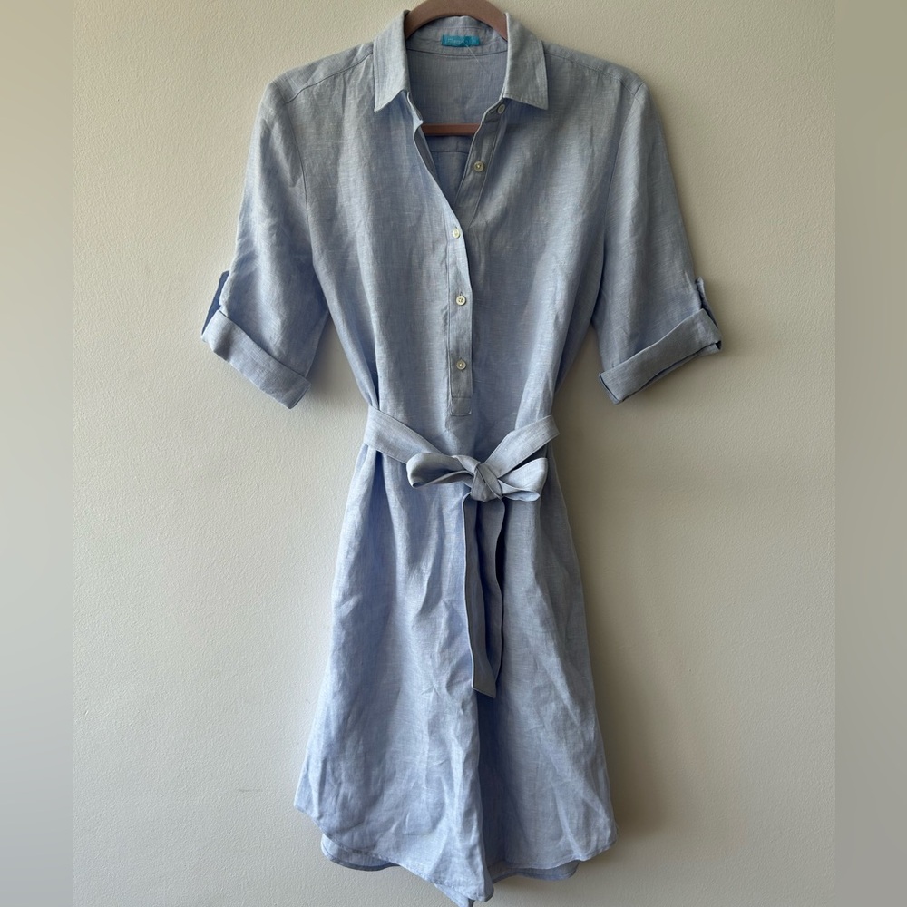 LN! J McLaughlin Blue Linen Popover Shirt Dress 3/4 Sleeve Classic Belted Small!